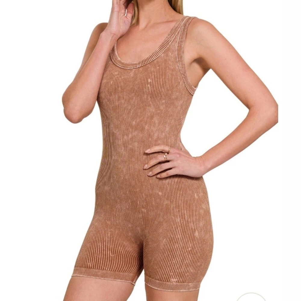 Zenana Stone Washed Ribbed Seamless Sport Romper L/XL